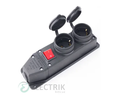 Розетка двомісна з захисною кришкою каучукова з вимикачем e.socket.rubber.029.2.16.s 2P+PE (Schuko) 16А 250В IP44, E.NEXT (Mutlusan)