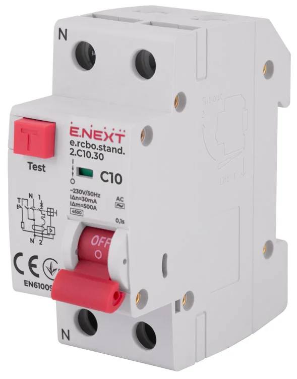 Выключатель дифференциального тока с защитой от сверхтоков e.rcbo.stand.2.C10.30, 1P+N, 10А, С, 30мА