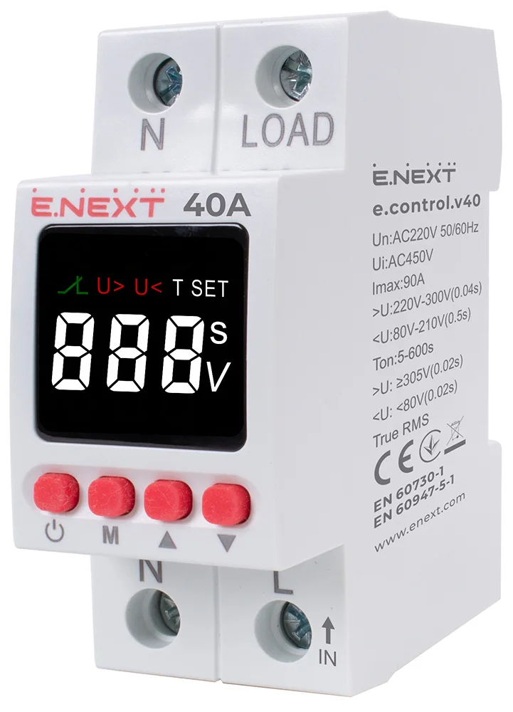 Реле контроля напряжения однофазное 40А с индикацией e.control.v40