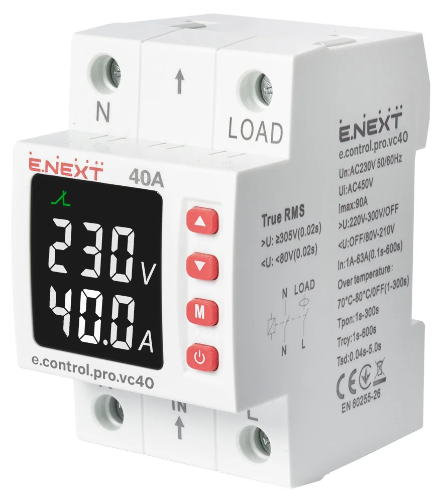 Реле контроля напряжения и тока однофазное 40А e.control.pro.vc40