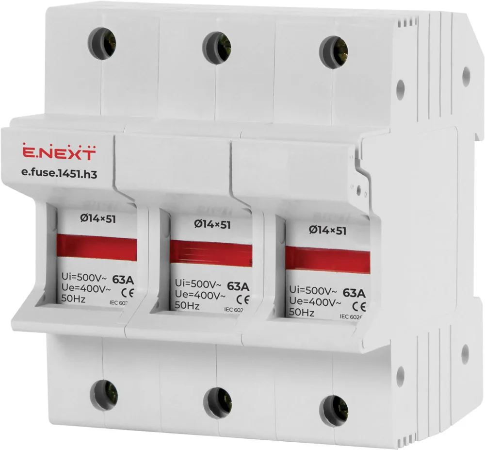 Утримувач запобіжника на Дін-рейку e.fuse.1451.h3, під запобіжник 14х51, 3р, 63А