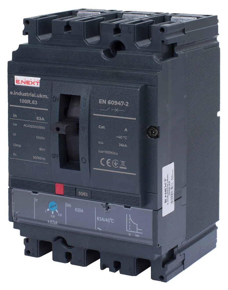 Силовой автоматический выключатель e.industrial.ukm.100R.63 з регулюванням, 3р, 63А