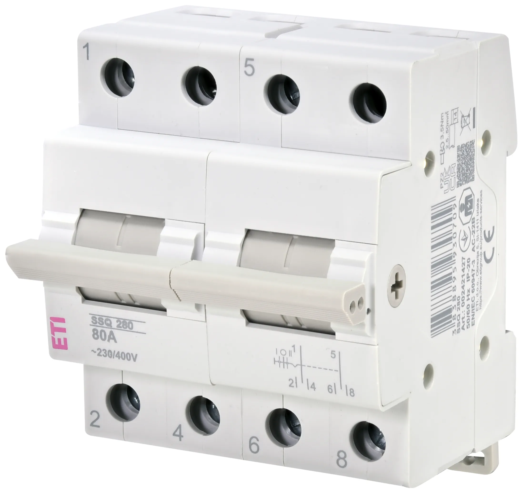 Переключатель нагрузки ETI SSQ 280, 2P, 80А, 400 В AC, 1-0-2