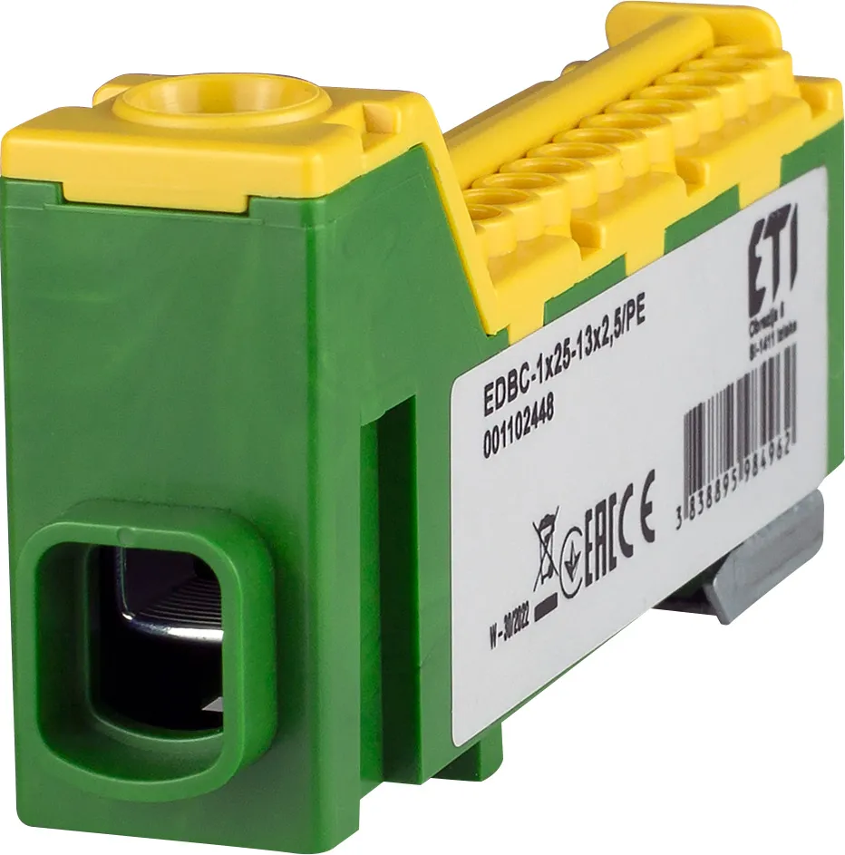 Блок распределительный ETI EDBC-1x25-13x2,5/PE, 63А, 1000В (жёлто-зелёный (PE))