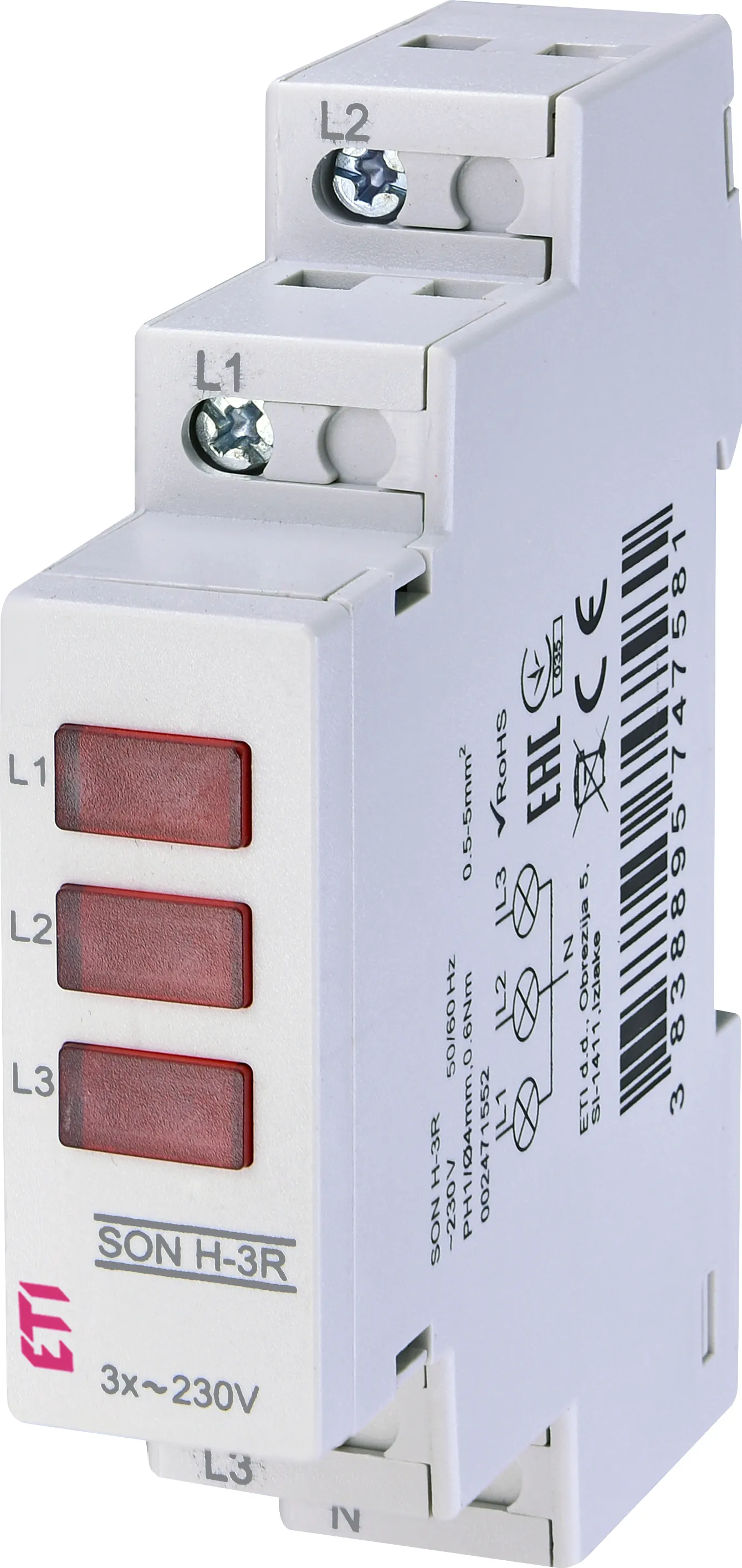 Индикатор наличия фаз ETI SON H-3R (красный LED, 3-фазный, DIN-рейка)