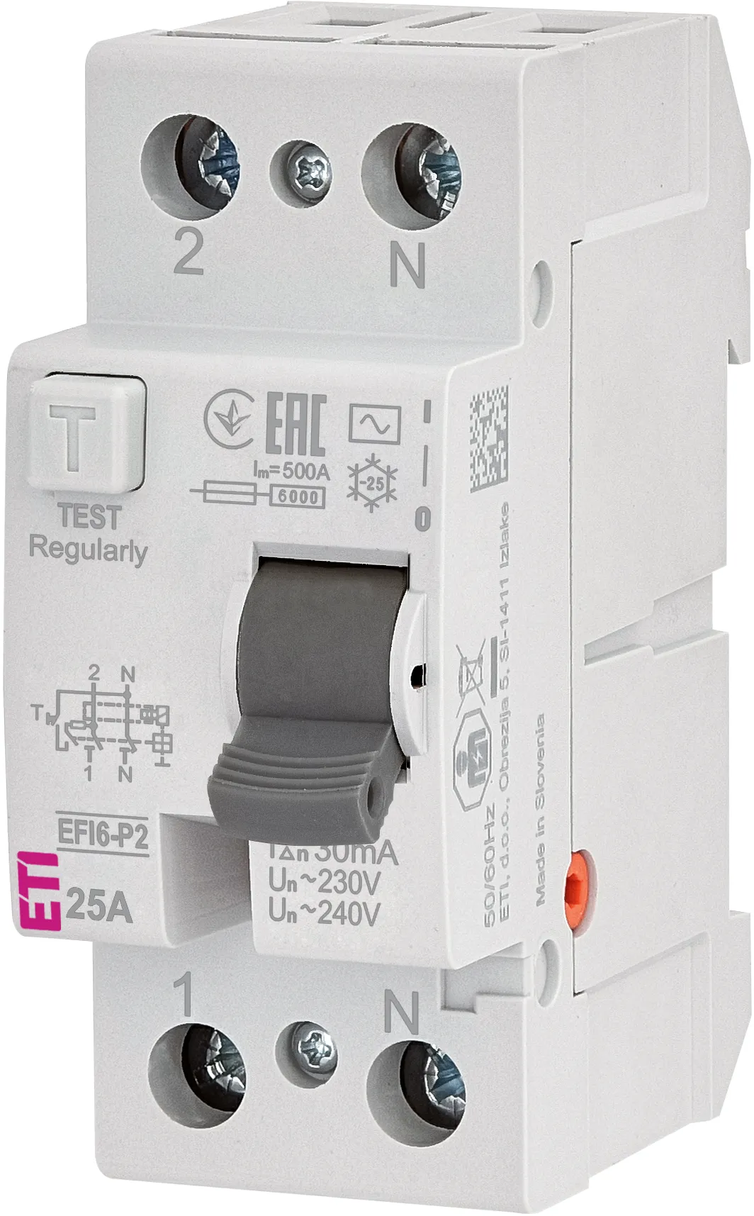 Дифференциальное реле (УЗО) ETI EFI6-P2 25А 30мА тип AC (6кА), 2P