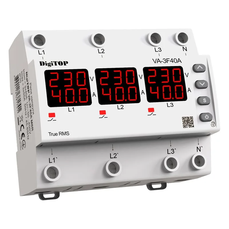 Трифазне реле напруги з контролем струму DigiTOP VA-3F40A M6R
