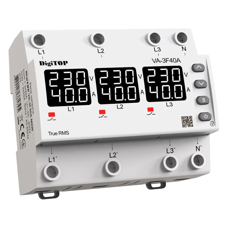 Трифазне реле напруги з контролем струму DigiTOP VA-3F40A M6W