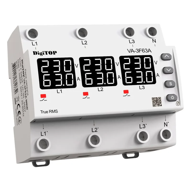 Трифазне реле напруги з контролем струму DigiTOP VA-3F63A M6W