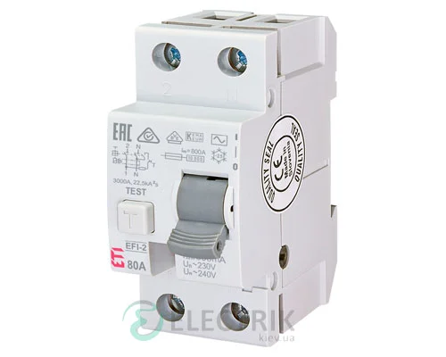 Диференційне реле (УЗО) EFI-2 80А 300мА тип AC 10кА, ETI (Словенія)