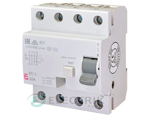 Диференційне реле (УЗО) EFI-4 63А 300мА тип AC 10кА, ETI (Словенія)