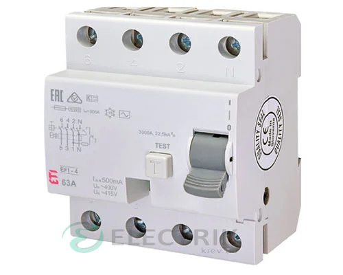 Диференційне реле (УЗО) EFI-4 63А 500мА тип AC 10кА, ETI (Словенія)