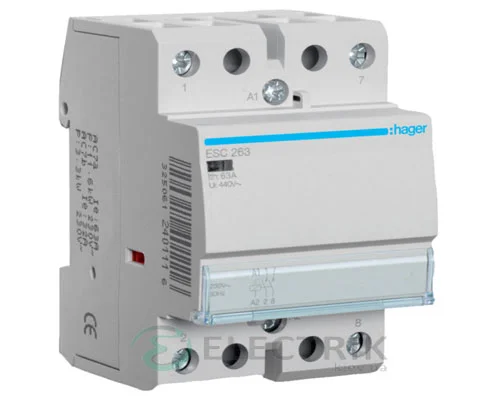 Бесшумний модульний контактор ESC263S 63А 230В AC 2НО, Hager