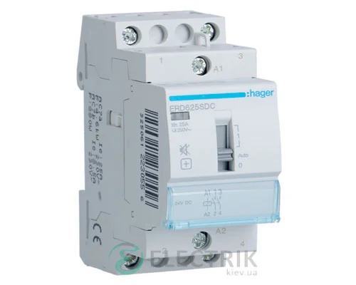 Безшумний модульний контактор з ручним керуванням RD625SDC 25А 24В DC 2НО, Hager