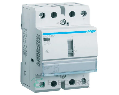 Безшумний модульний контактор з ручним керуванням ERD240S 40А 24В AC 2НО, Hager