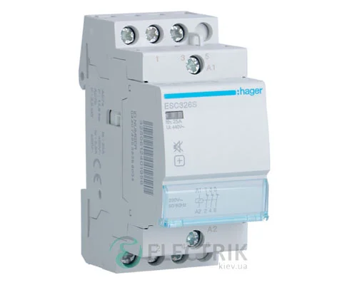 Модульний безшумний контактор ESC326S 25А 230В AC 3НЗ, Hager