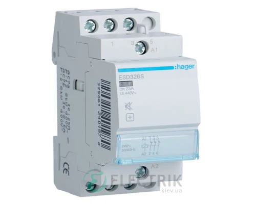 Модульний безшумний контактор ESD326S 25А 24В AC 3НЗ, Hager