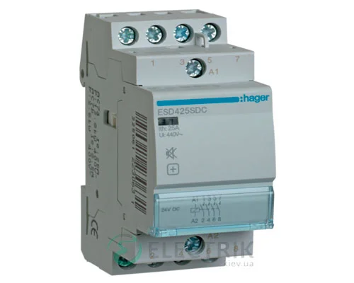 Модульний безшумний контактор ESD425SDC 25А 24В DC 4НО, Hager