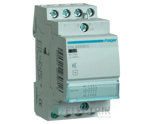 Модульний безшумний контактор ESL426SDC 25А 12В DC 4НЗ, Hager