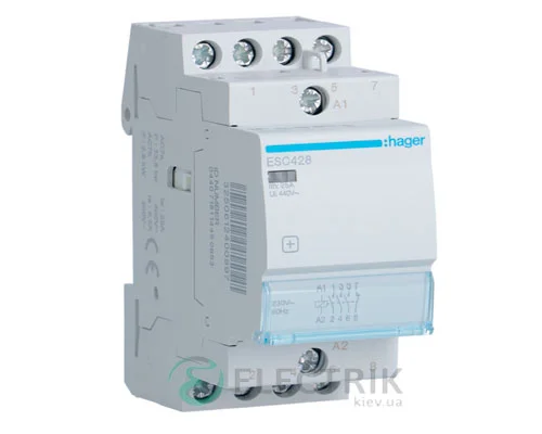 Модульний контактор ESC428 25А 230В AC 3НО+1НЗ, Hager