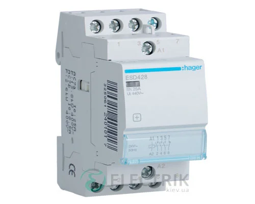 Модульний контактор ESD428 25А 24В AC 3НО+1НЗ, Hager