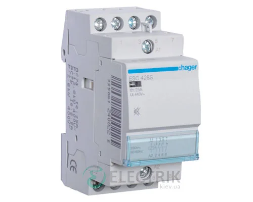 Контактор модульный бесшумный ESC428S 25А 230В AC 3НО+1НЗ, Hager