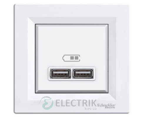 Розетка USB, 2 выхода 2.0, 5V-DC, макс 2.1A, белая, Asfora EPH2700221