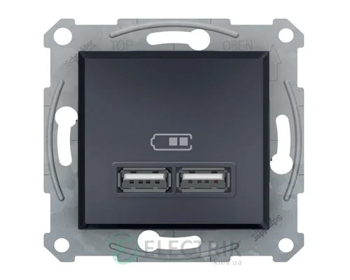 Розетка USB, 2 выхода 2.0, 5V-DC, макс 2.1A, антрацит, Asfora EPH2700271