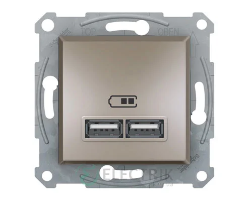 Розетка USB, 2 выхода 2.0, 5V-DC, макс 2.1A, бронза, Asfora EPH2700269