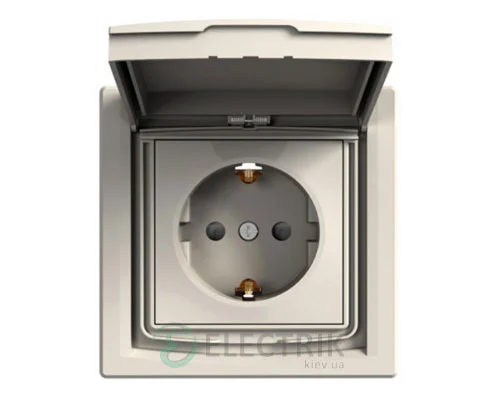 Розетка с заземлением, с крышкой и шторками, IP44, крем, Asfora EPH3100323