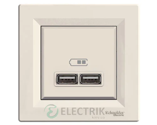 Розетка USB, 2 выхода 2.0, 5V-DC, макс 2.1A, крем, Asfora EPH2700223
