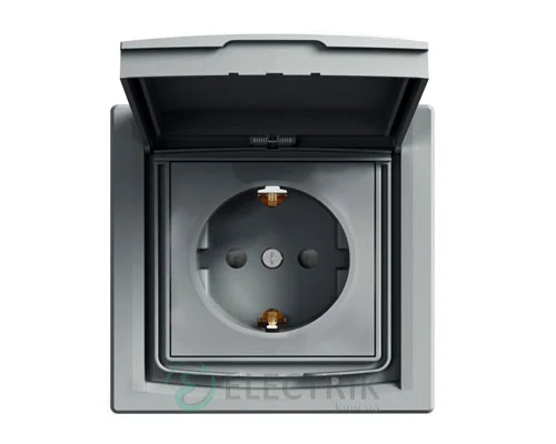 Розетка с заземлением, с крышкой и шторками IP44, сталь, Asfora EPH3100362