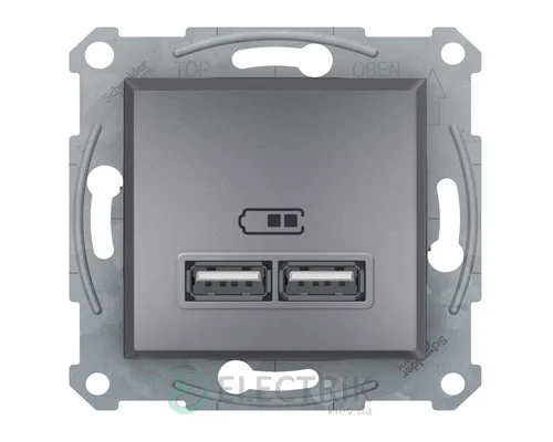 Розетка USB, 2 выхода 2.0, 5V-DC, макс 2.1A, сталь, Asfora EPH2700262