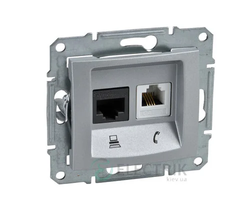 Розетка телефонна + комп'ютерна RJ11+RJ45, кат.6, UTP, алюміній, Sedna SDN5200160