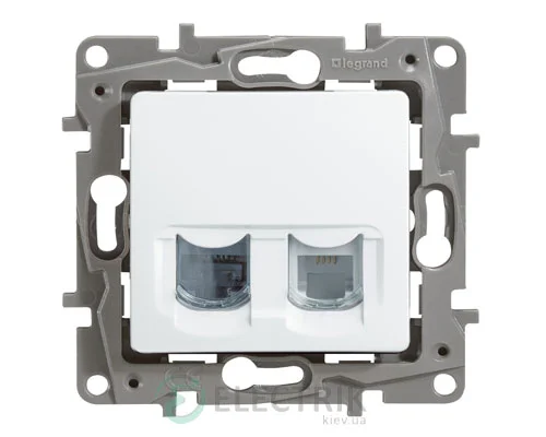 Телефонна і комп’ютерна розетка (RJ11 + RJ45 кат.5 UTP), 2-гнізда, біла Legrand Etika 672252