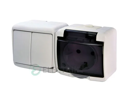 Розетка+выключатель двухклавишный ETI HERMETICS VRHH-2sd Белый (4668034)