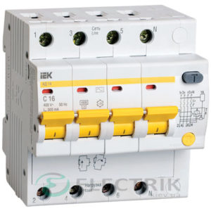 Дифференциальный-автоматический-выключатель-АД14 4Р 16А 300мА IEK MAD10-4-016-C-300