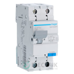 Дифференциальный автоматический выключатель AD870J 1P+N 4.5kA C-20A 30mA тип AC, Hager