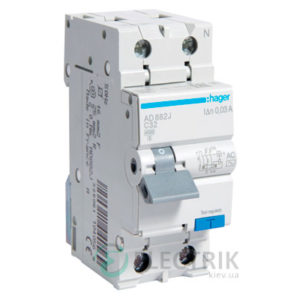 Дифференциальный автоматический выключатель AD882J 1P+N 4.5kA C-32A 30mA тип AC, Hager