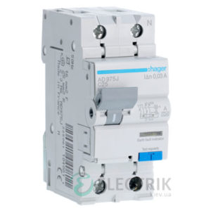 Дифференциальный автоматический выключатель AD975J 1P+N 6kA C-25A 30mA тип A, Hager