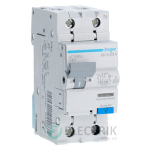Дифференциальный автоматический выключатель AD990J 1P+N 6kA C-40A 30mA тип A, Hager