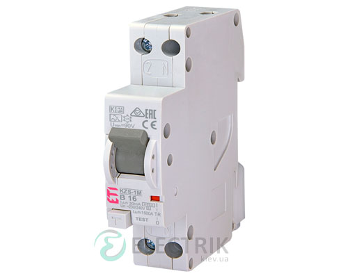 Дифференциальный автоматический выключатель KZS-1M B 16/0,03 тип A (6kA, нижнее подключение)