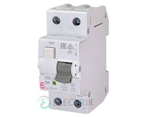 Дифференциальный автоматический выключатель KZS-2M B 6/0,03 тип AC (10kA)