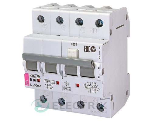 Дифференциальный автоматический выключатель KZS-4M 3p+N B 16/0,03 тип AC (6kA)