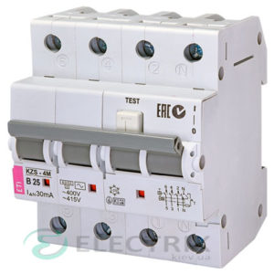 Дифференциальный автоматический выключатель KZS-4M 3p+N B 25/0,03 тип AC (6kA)