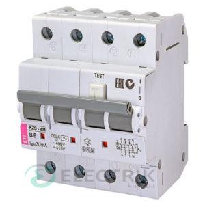 Дифференциальный автоматический выключатель KZS-4M 3p+N B 6/0,03 тип AC (6kA)