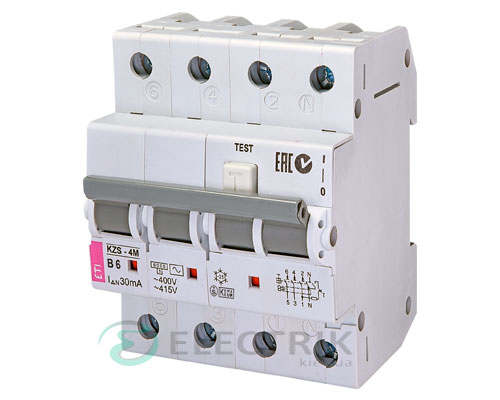 Дифференциальный автоматический выключатель KZS-4M 3p+N B 6/0,03 тип AC (6kA)
