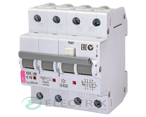 Дифференциальный автоматический выключатель KZS-4M 3p+N C 10/0,03 тип AC (6kA)