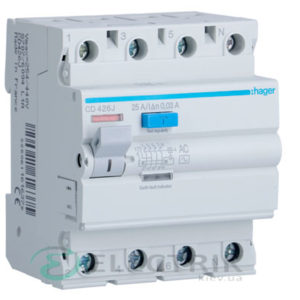 Устройство-защитного-отключения-(УЗО)-CD426J-4P-25A-30mA-тип-AC,-Hager-