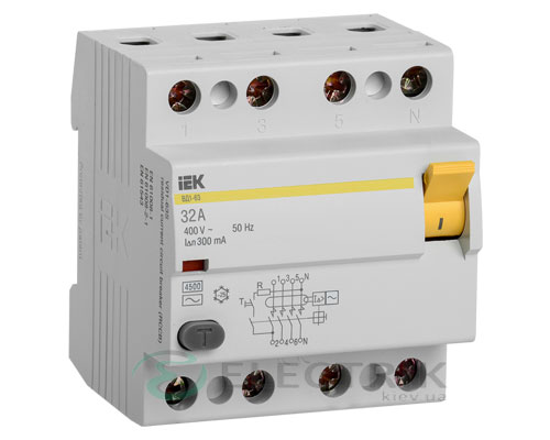 Выключатель-дифференциальный-(УЗО)-ВД1-63-4Р-32А-300мА-IEK Устройство защитного отключения (УЗО) ВД1-63 4Р 32 А 300 мА тип AC, IEK